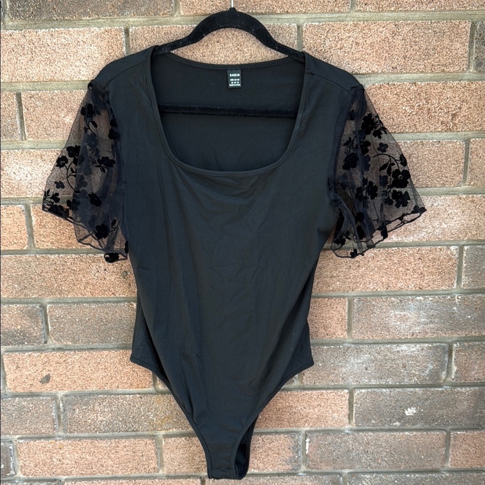 SHEIN Black Asymmetrical Flutter Sleeve Bodysuit Size XL NWOT